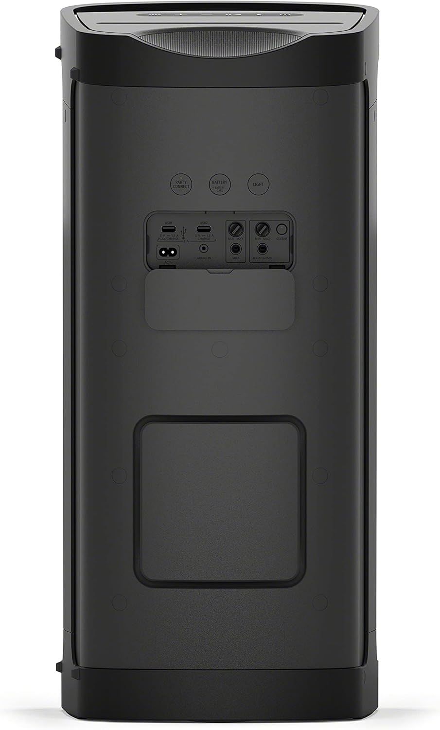Shows the back panel of the power station with all ports, buttons, and connection points clearly visible to help shoppers understand the available connectivity options and controls.