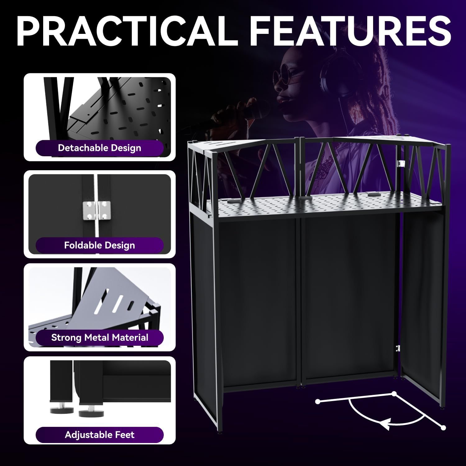 Showcases four distinct practical features of the product to demonstrate its versatility, durability, and convenience for storage and setup.