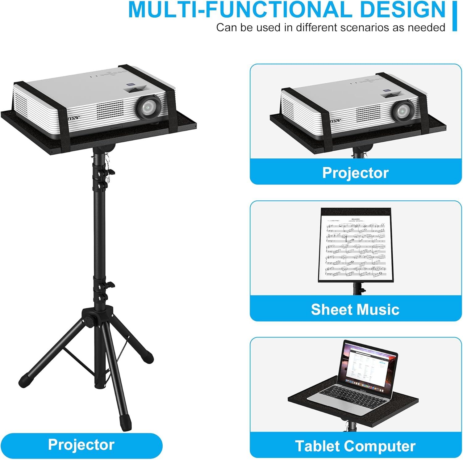 Demonstrates the versatility of the projector stand by showing it can hold a projector, sheet music, or a tablet computer in different scenarios, helping shoppers understand its multiple use cases.
