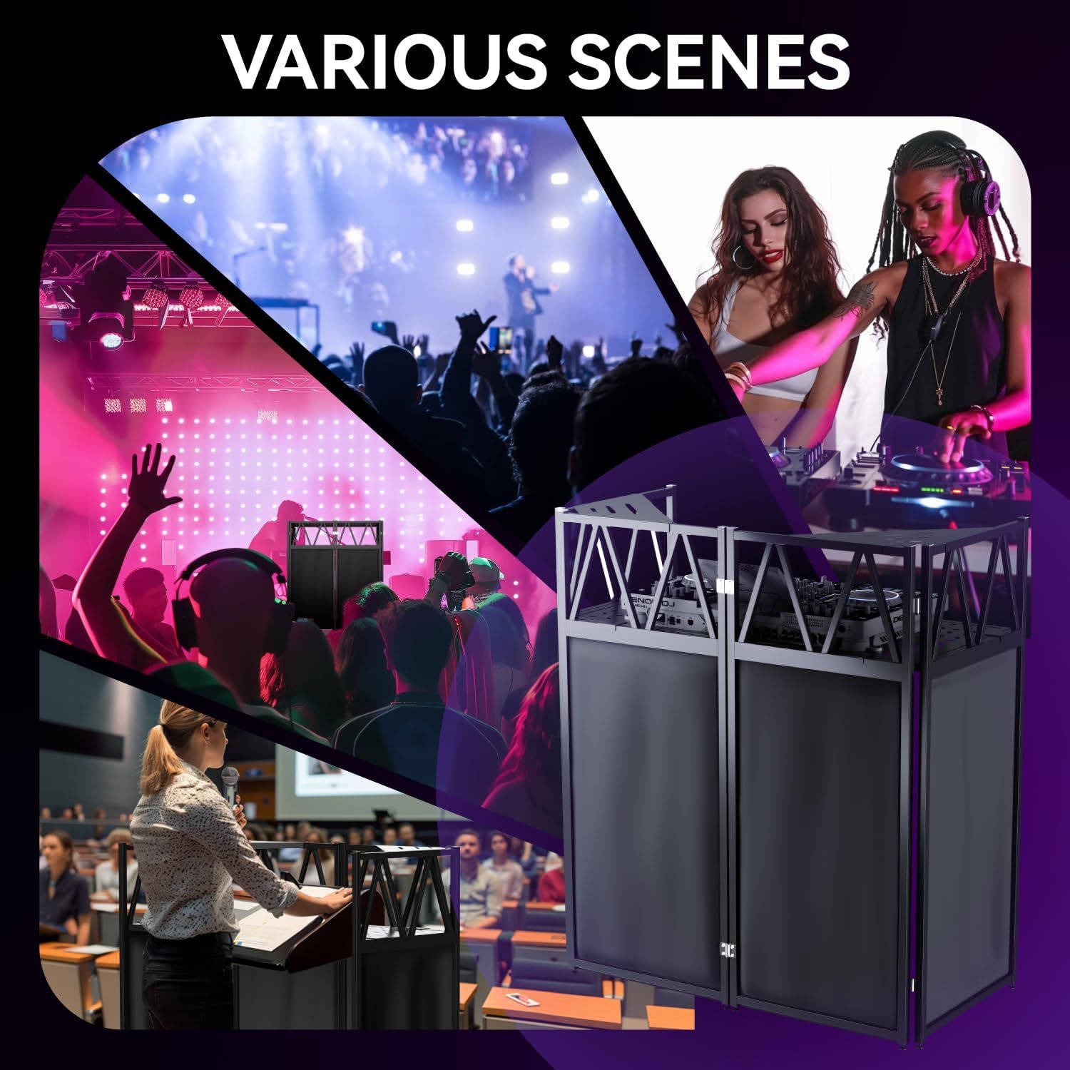 Demonstrates the versatility of the product by showing it can be used in various environments including concerts, DJ performances, and professional speaking events.