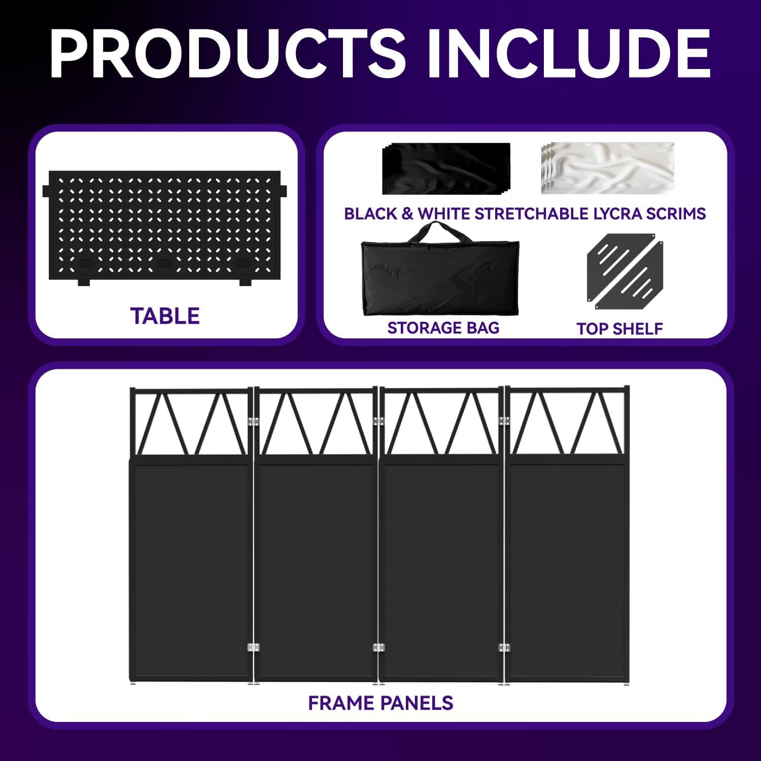 Shows all components included with purchase: table, stretchable lycra scrims in black and white, storage bag, top shelf, and frame panels to help shoppers understand the full value of the bundle.