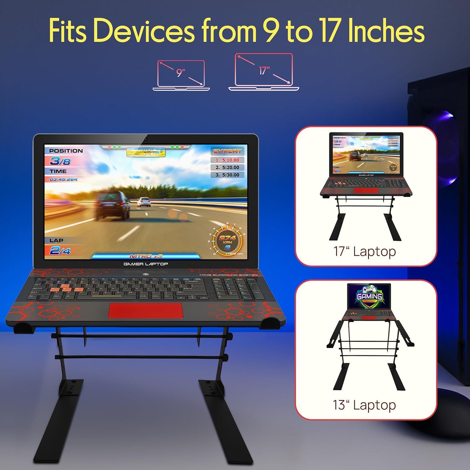 Communicates that the laptop stand is compatible with devices ranging from 9 to 17 inches, helping shoppers confirm it will fit their specific laptop size.
