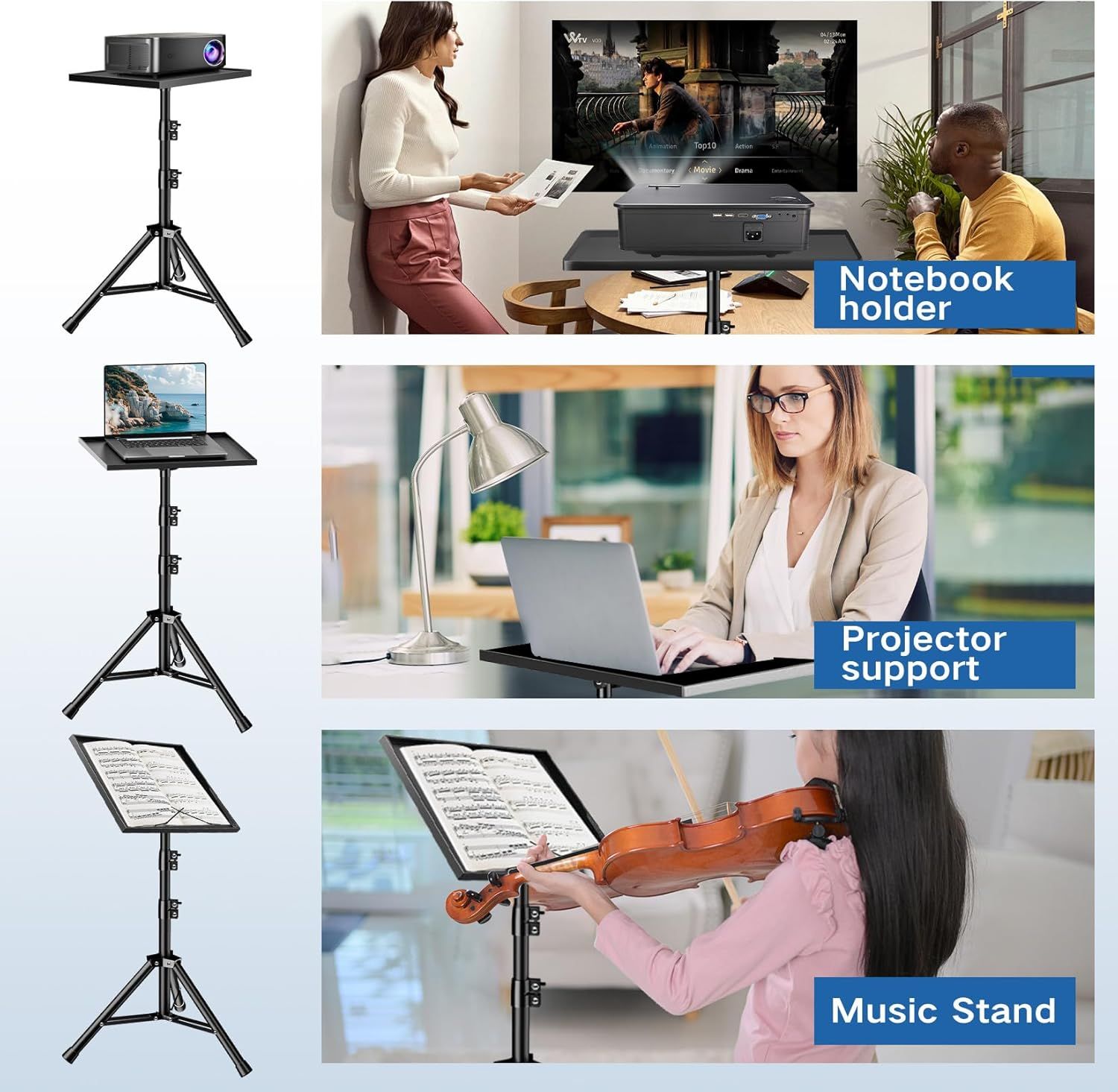 Demonstrates the versatility of the tripod stand by showing three different use cases: holding a notebook for presentations, supporting a projector for work, and functioning as a music stand for…