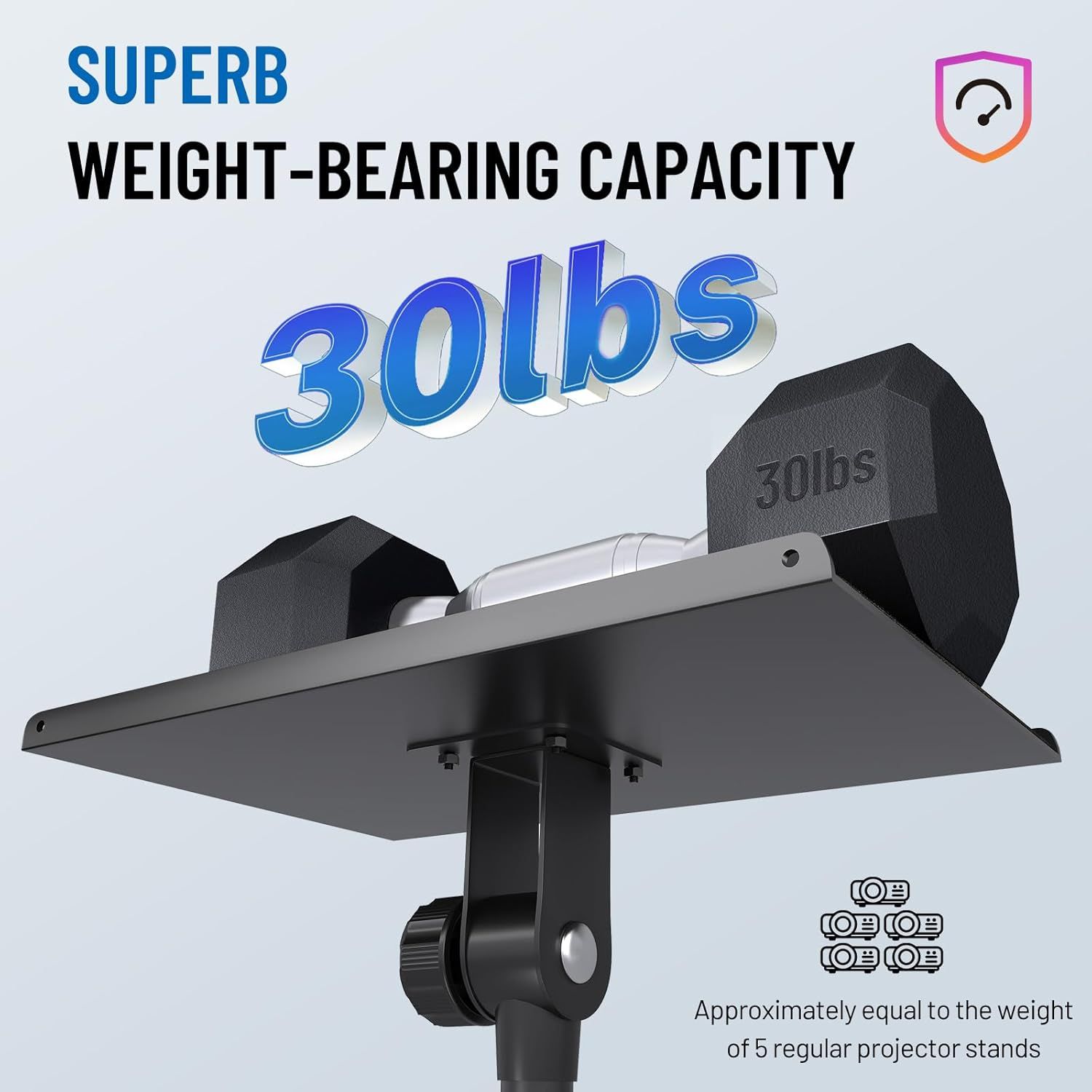 Communicates that the projector mount can support up to 30 pounds, reassuring shoppers that it is strong and durable enough to hold heavy projectors securely.