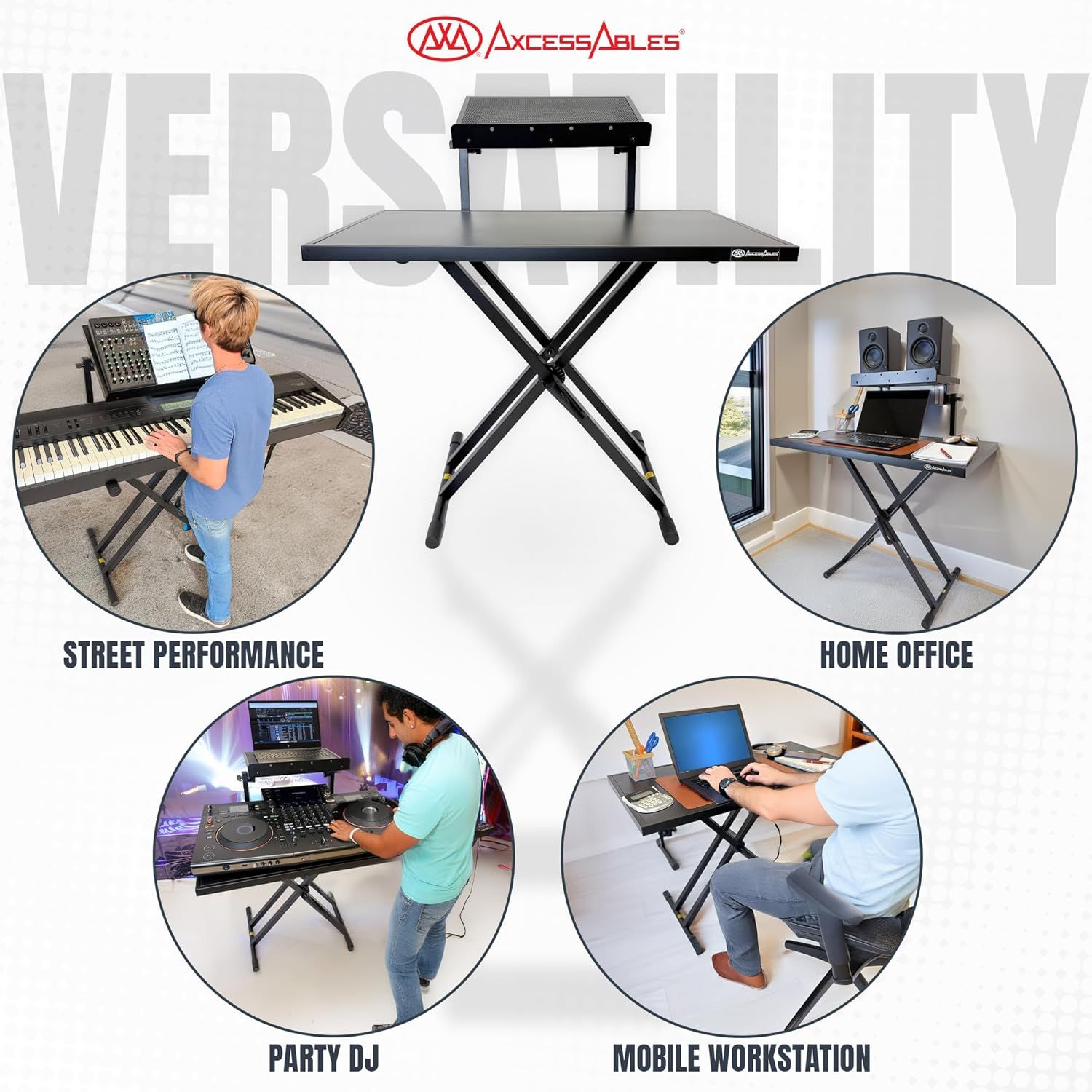 Demonstrates the multiple environments and use cases where the adjustable table stand can be effectively used, including street performance, home office, party DJ, and mobile workstation.