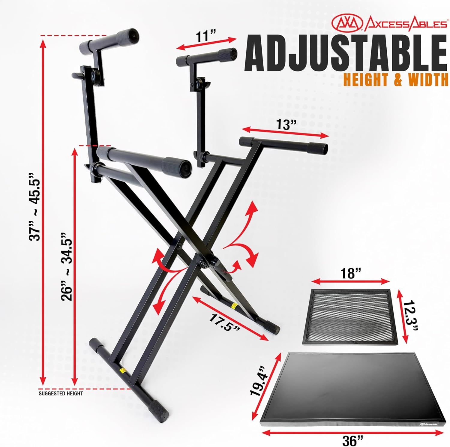 Communicates the exact dimensions and adjustability of the keyboard stand to help shoppers understand the physical size and customization options available.…
