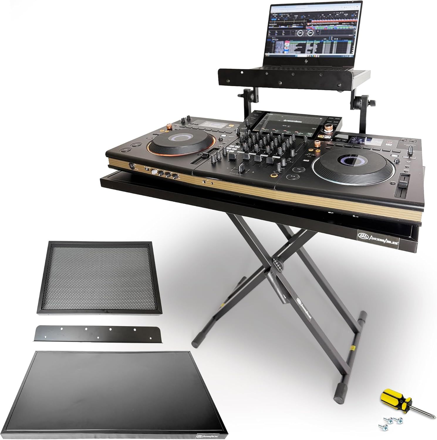 Shows all components included with the purchase: the adjustable stand, laptop mount, additional shelves, and assembly tools to help shoppers understand the…