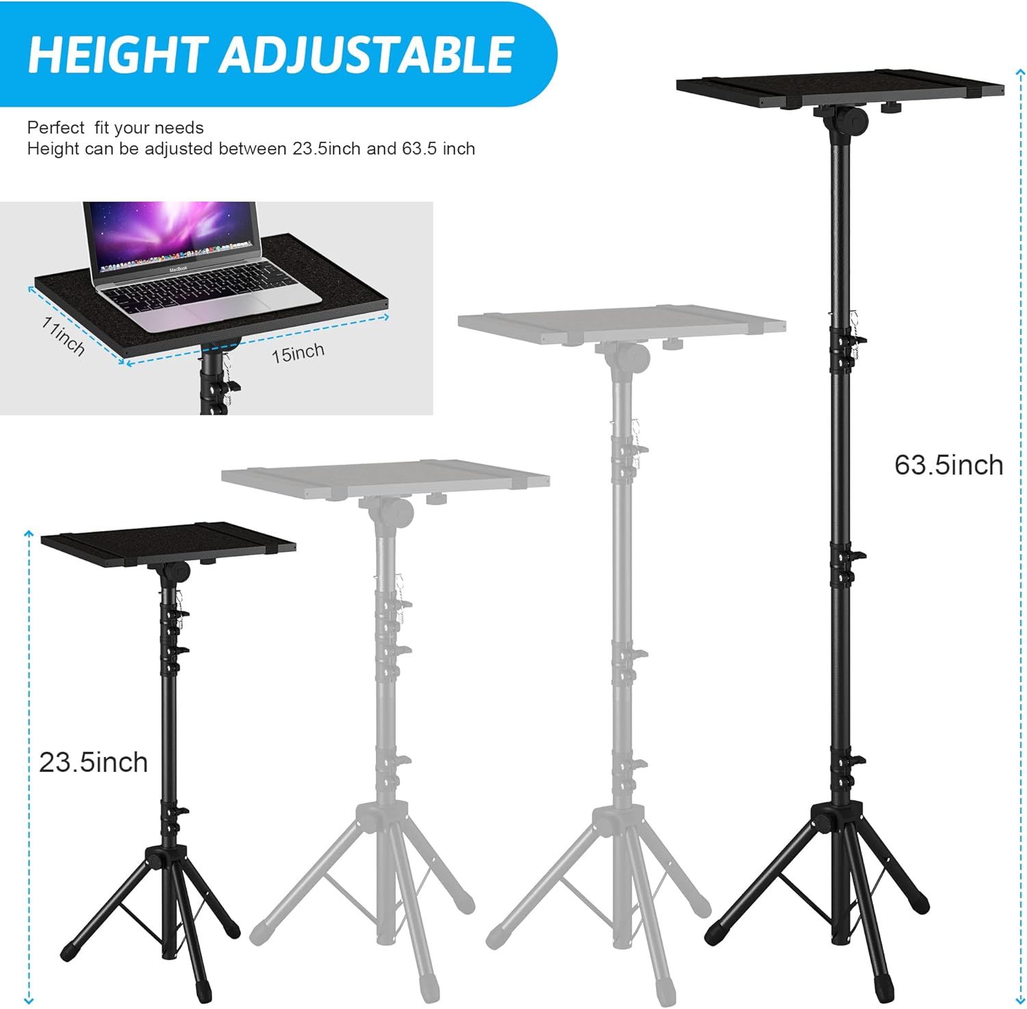 Communicates that the laptop stand can be adjusted between 23.5 and 63.5 inches to fit different user needs and preferences.