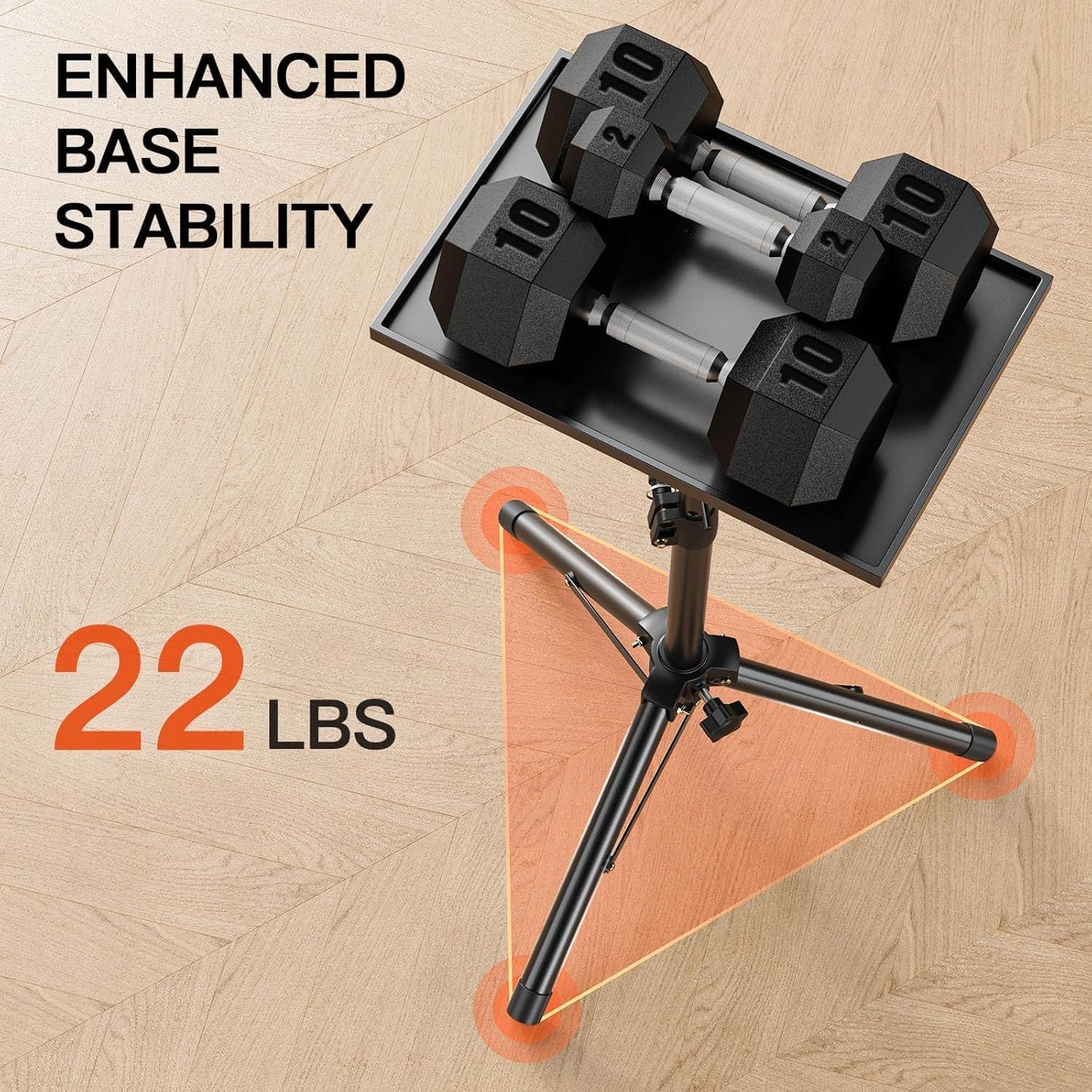 Communicates that the product's tripod base provides enhanced stability and can support up to 22 lbs, reassuring shoppers that it is sturdy and reliable for…