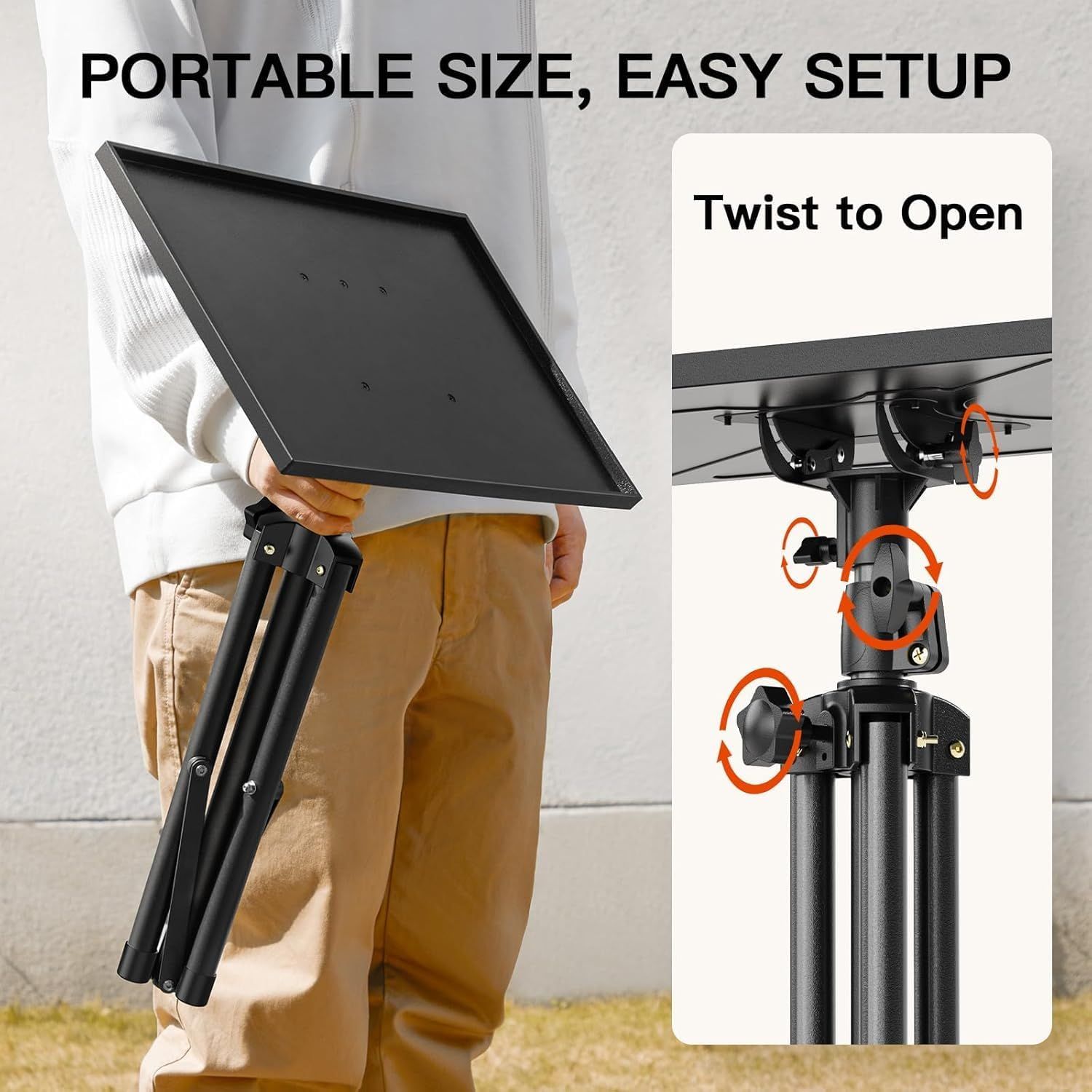 Communicates that the product is both portable and easy to set up by showing the folded tripod stand and the twist-to-open mechanism, reassuring shoppers of…