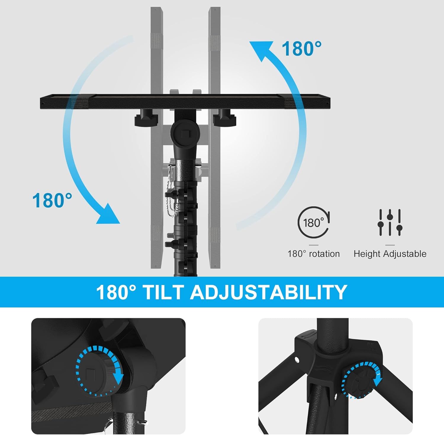 Communicates the product's dual adjustability features—180-degree rotation and height adjustment—to show shoppers the flexibility and customization options…