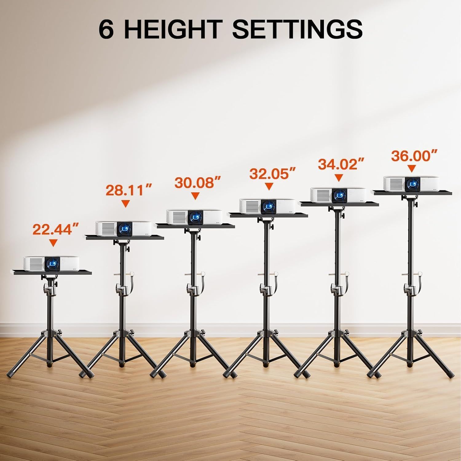 Communicates that the projector stand offers 6 different height settings ranging from 22.44 inches to 36.00 inches, allowing users to customize the setup for…