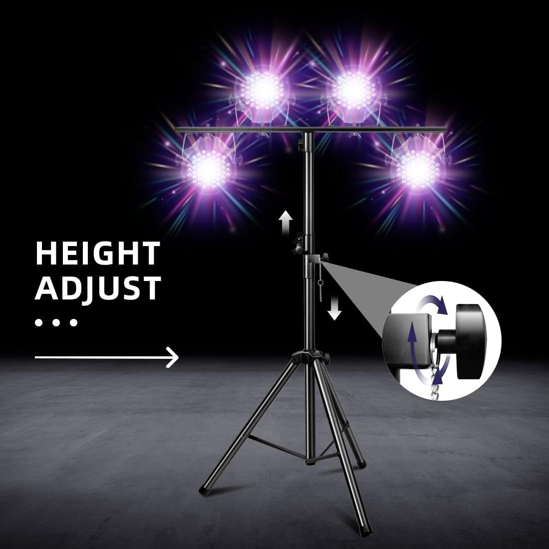 Communicates that the lighting stand features an adjustable height mechanism, allowing users to customize the positioning of the lights for different setups…