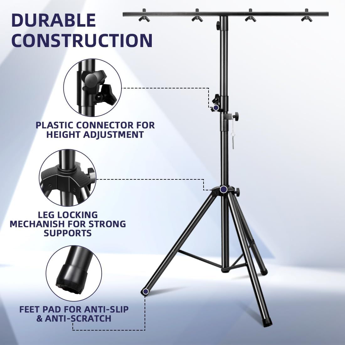 This image breaks down the lighting stand by highlighting specific structural components with callouts and zoomed-in views to help shoppers understand the…