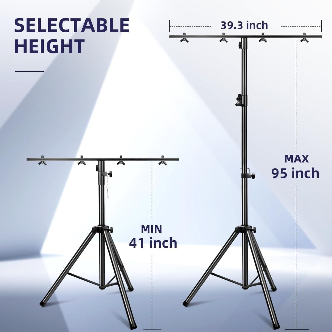 Communicates the adjustable height feature of the lighting stand, showing minimum and maximum dimensions to help shoppers understand the product's versatility…