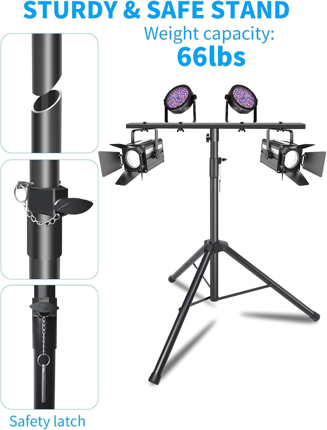 Communicates multiple features of the lighting stand including its sturdy construction, 66lb weight capacity, and safety latch mechanism to reassure buyers of…