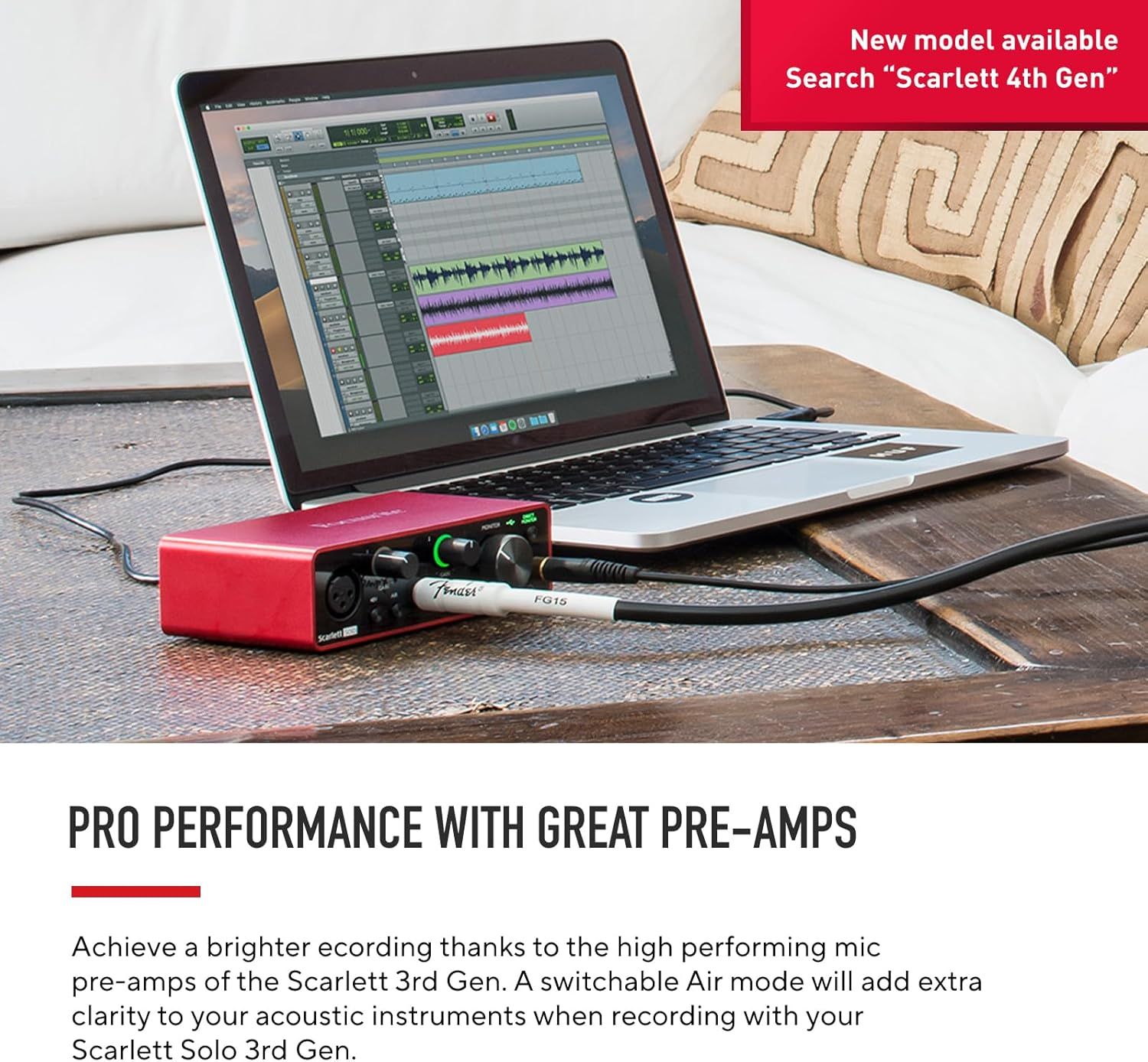 Communicates that the audio interface delivers professional-grade recording quality through high-performing mic pre-amps, reassuring musicians and content…