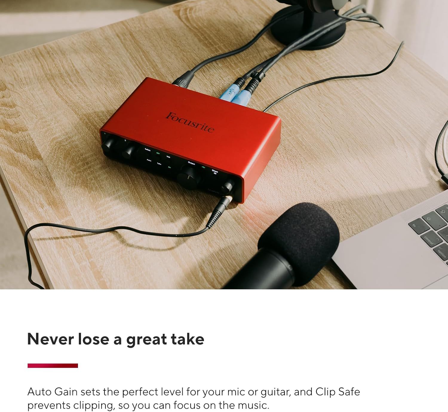 Communicates that the audio interface automatically sets optimal recording levels and prevents clipping, allowing musicians to focus on performance without…