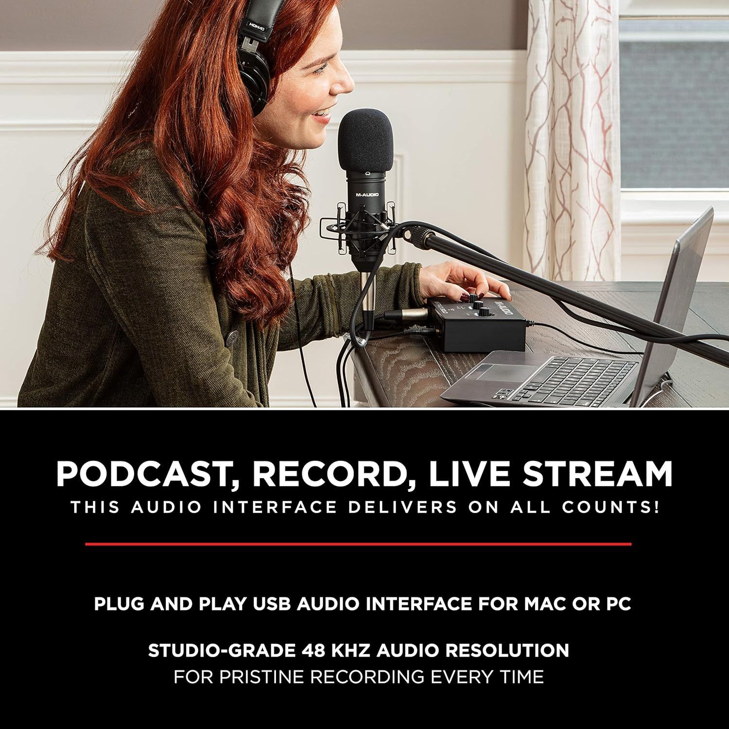 Demonstrates the versatility of the audio interface by showing it can be used for podcasting, recording, and live streaming, helping shoppers understand the multiple use cases. Highlights multiple…