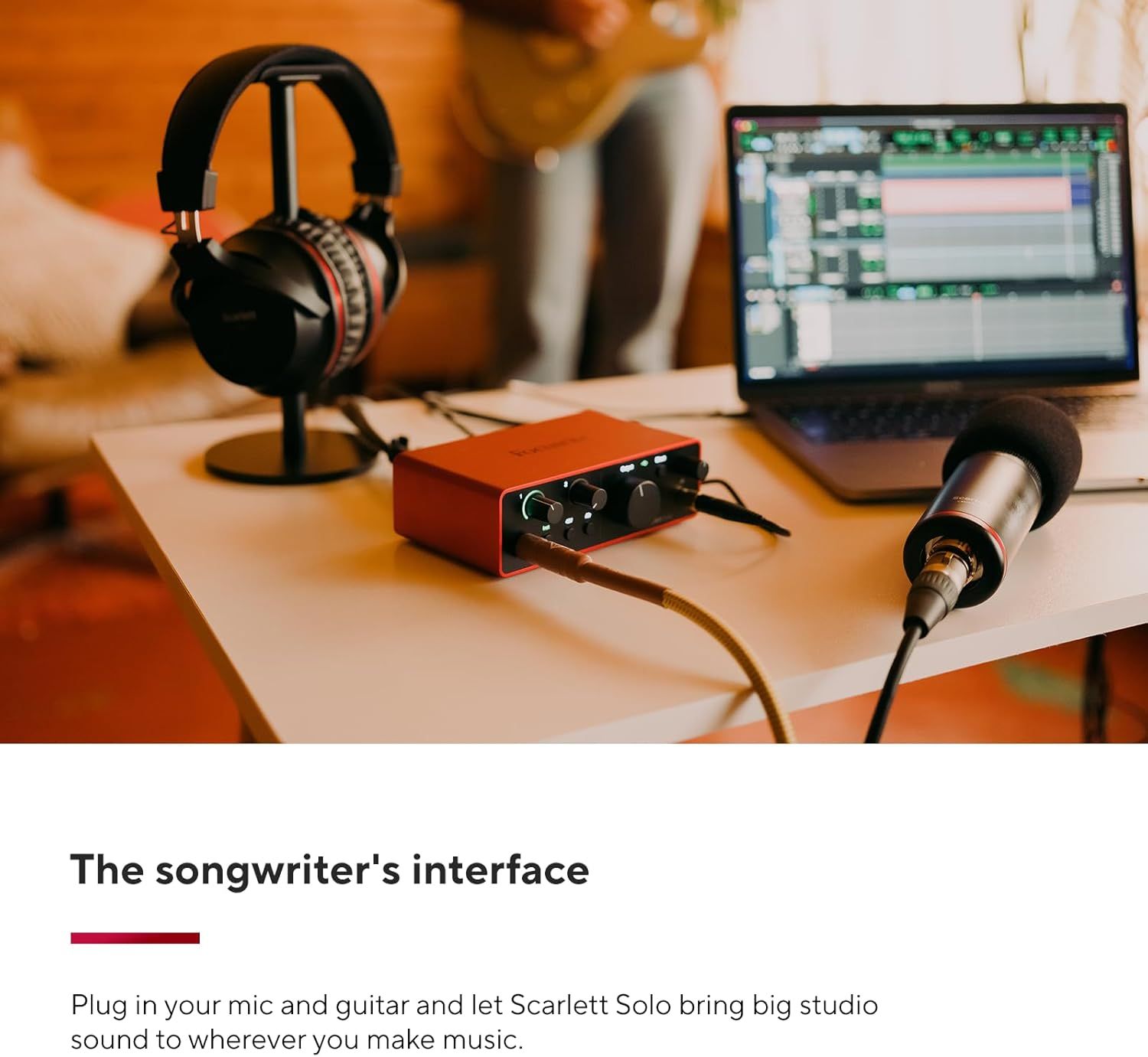 Demonstrates the product's use case in a music production environment, showing how the audio interface connects with headphones, microphone, and laptop to create a complete recording setup.