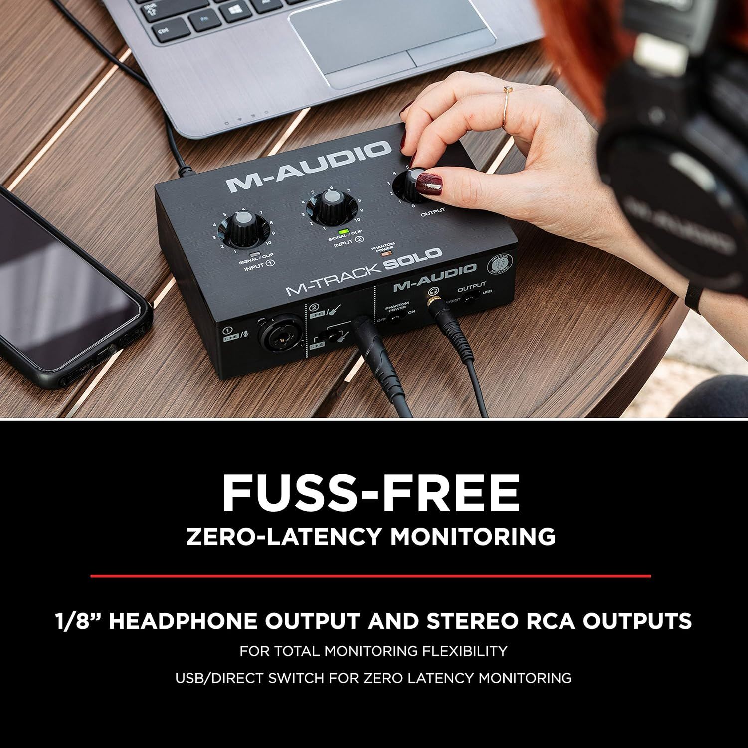 Communicates that the audio interface provides fuss-free, zero-latency monitoring with multiple output options, reassuring musicians and content creators of…