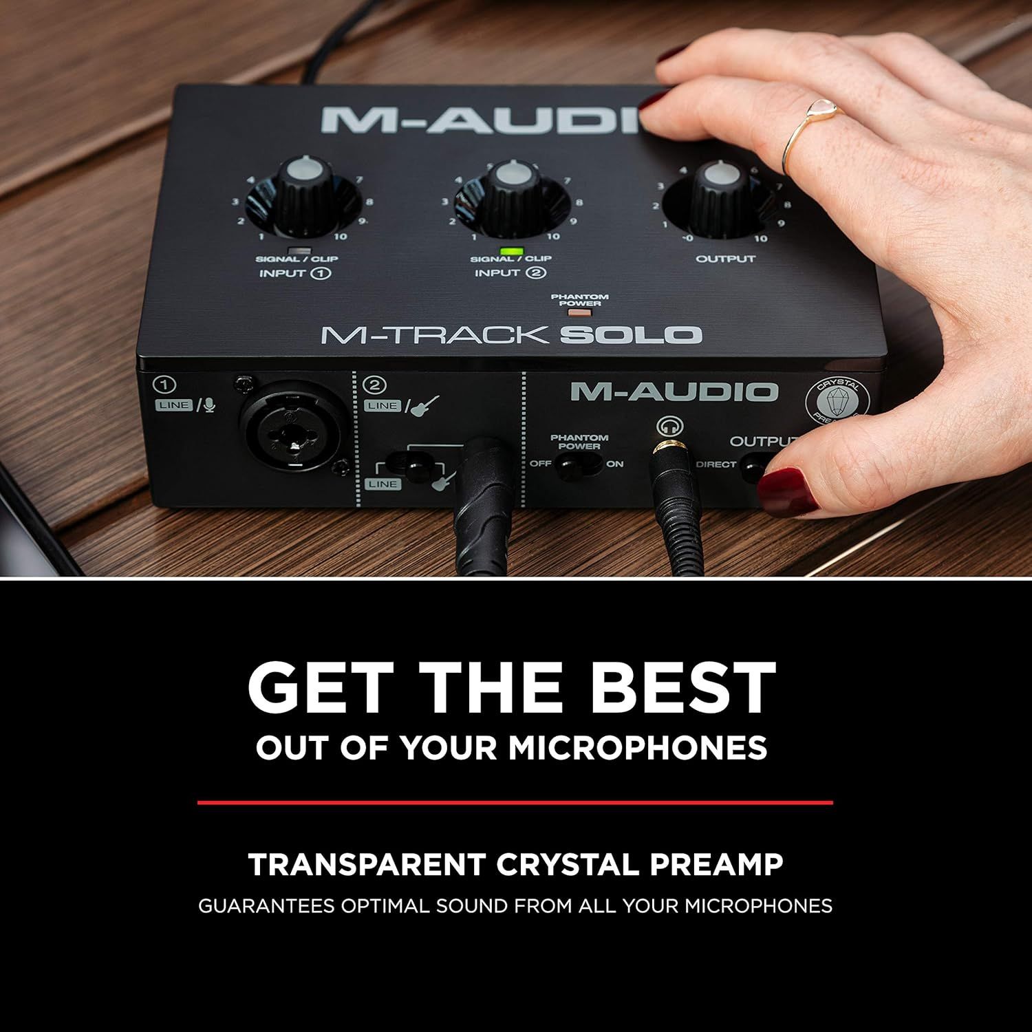 Communicates that the audio interface features a transparent crystal preamp that guarantees optimal sound quality from microphones.