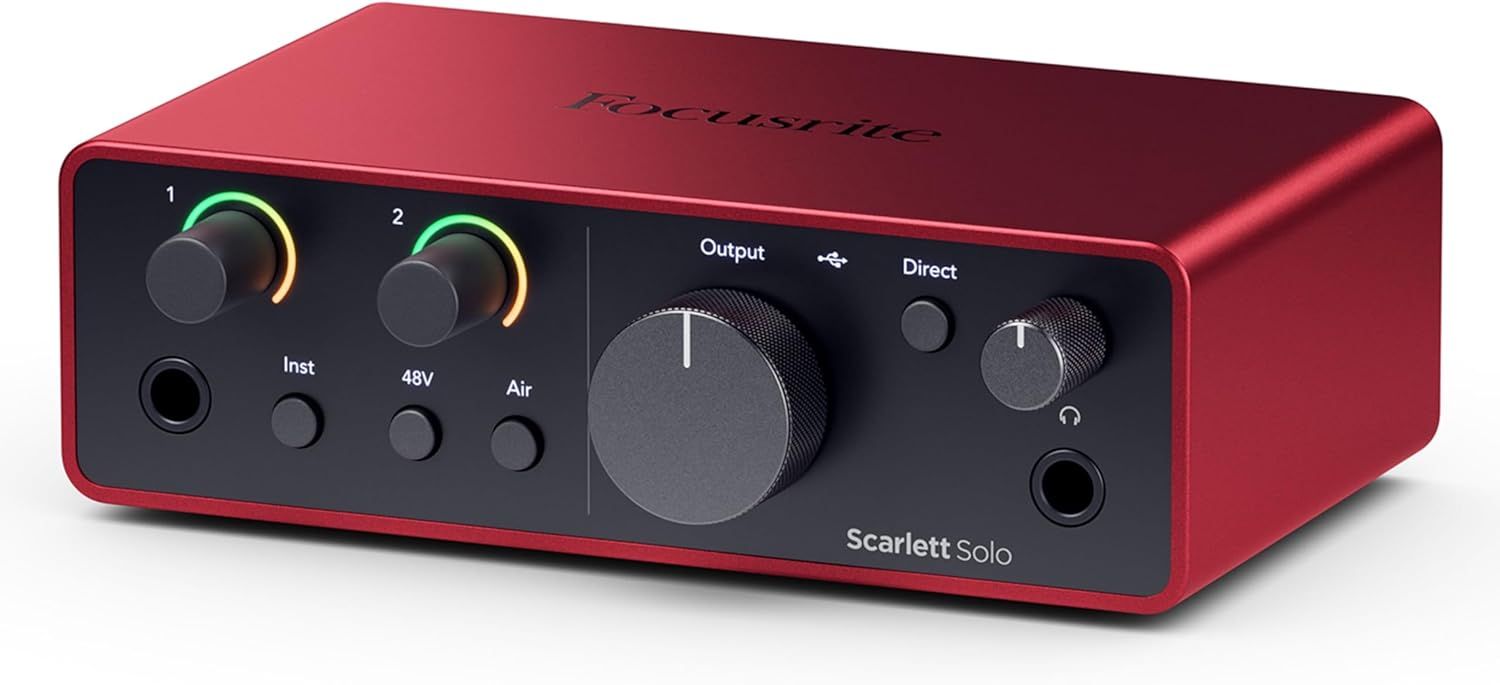 This image showcases the front panel of the audio interface, highlighting all the controls, ports, and functional components to help shoppers understand the…