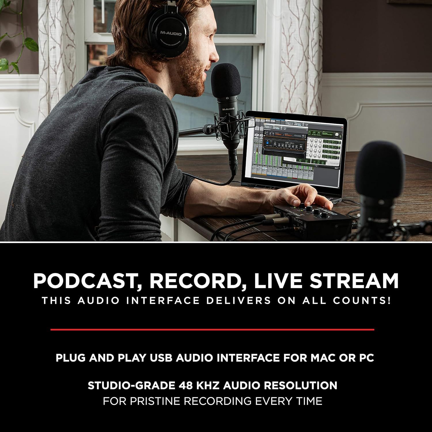 Demonstrates the versatility of the audio interface by showing it can be used for podcasting, recording, and live streaming, helping shoppers understand the multiple use cases. Highlights two key…