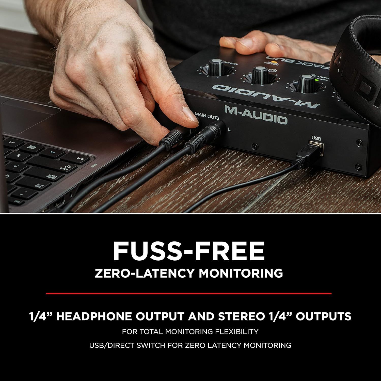 Communicates that the M-Audio interface provides fuss-free, zero-latency monitoring with flexible output options, reassuring musicians and producers they can…