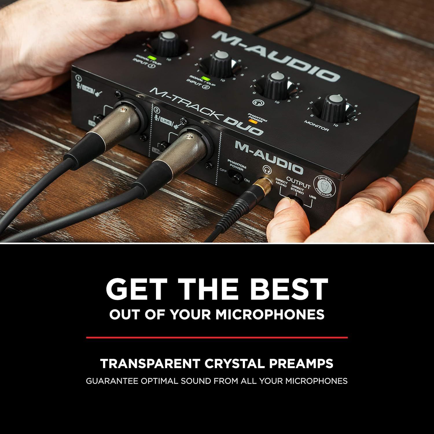 Communicates that the audio interface features high-quality transparent crystal preamps that optimize microphone sound quality.
