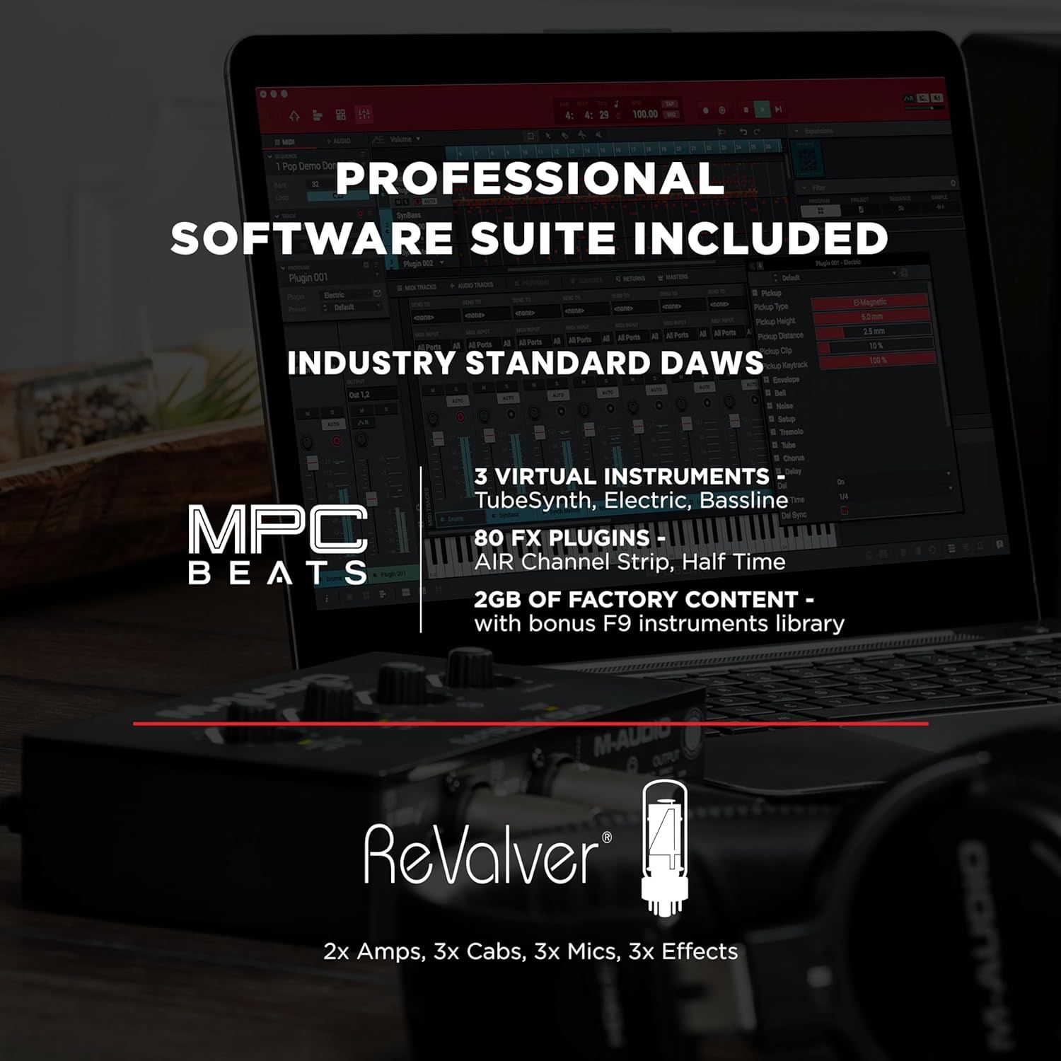 This image communicates everything included with the product purchase, highlighting the comprehensive software bundle, virtual instruments, plugins, and…