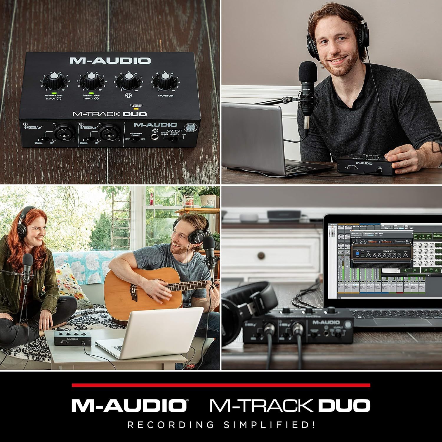 Demonstrates the versatility of the M-Audio M-Track Duo audio interface by showing multiple use cases including podcasting, music recording, and content creation in various settings.