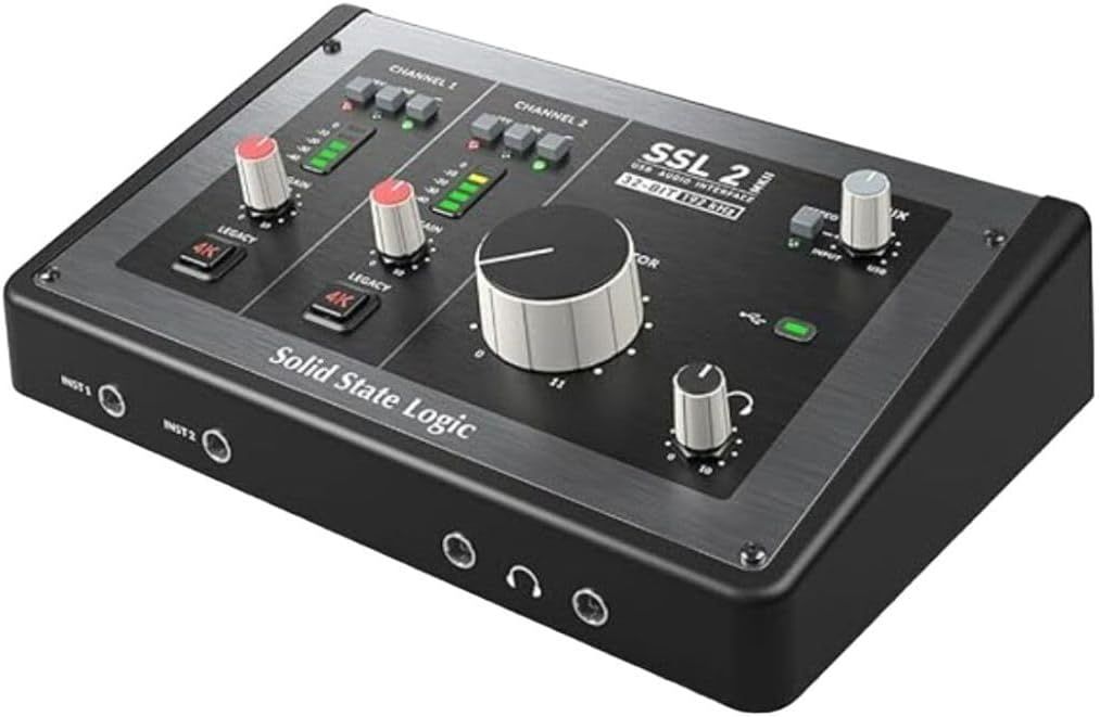 Shows the detailed control panel and interface of the SSL 2 audio interface, allowing shoppers to understand the layout of knobs, buttons, LED indicators, and…