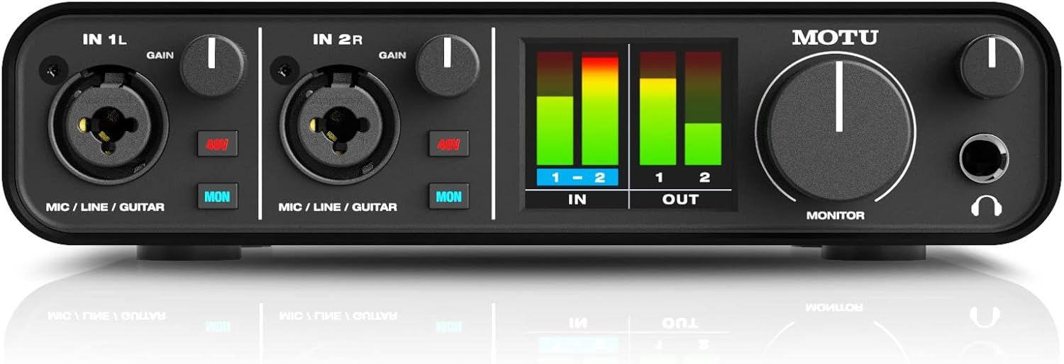 This image breaks down the audio interface by showing its key functional components including XLR/TRS inputs, gain knobs, level meters, and monitor controls…