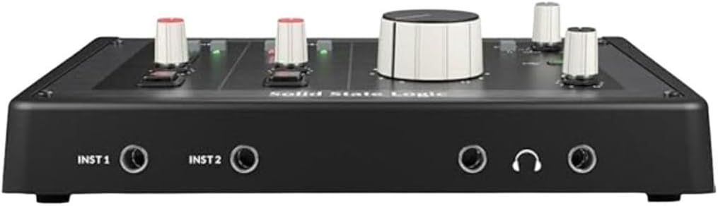 Shows the front panel layout of the audio interface, highlighting the input ports, control knobs, and headphone jack to help shoppers understand the physical…