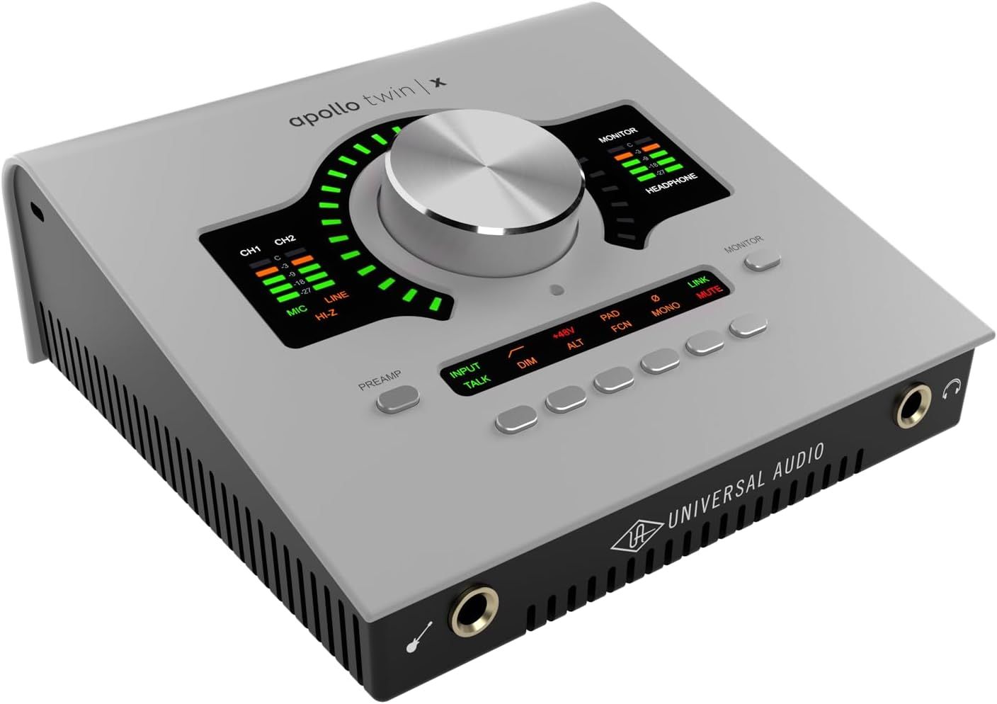This image showcases the audio interface's control panel layout, highlighting the volume knob, LED level meters, input selection buttons, and connectivity…