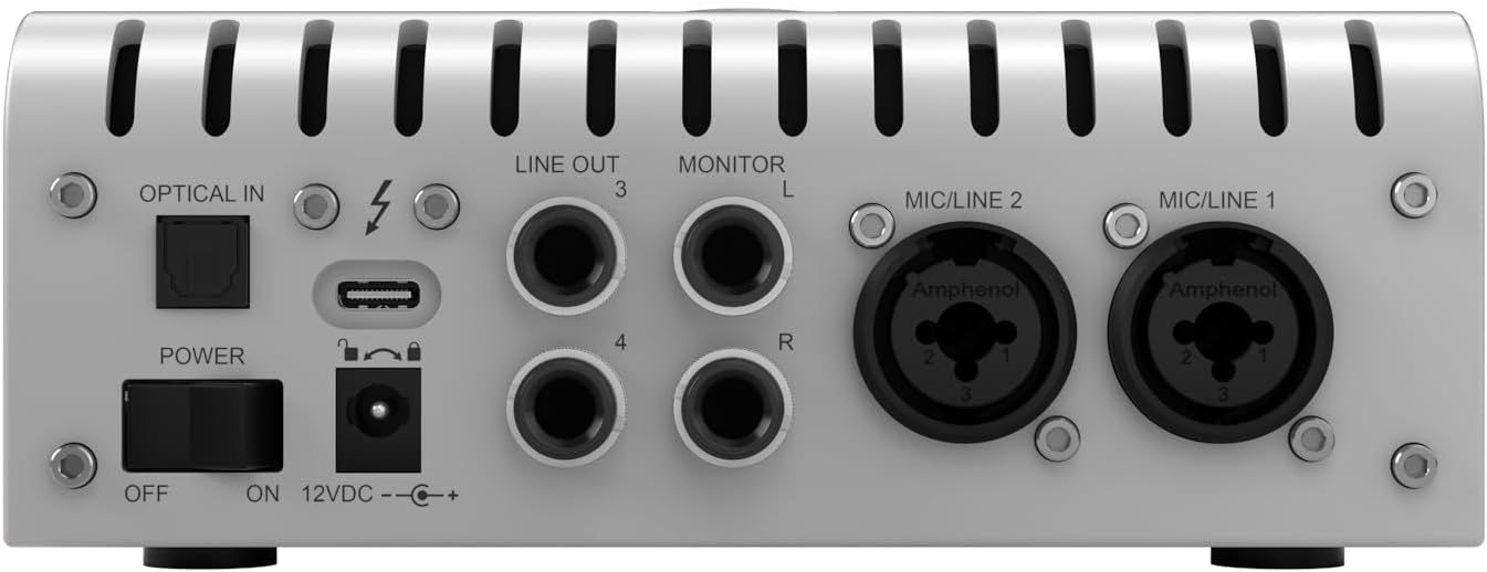 This image shows the detailed anatomy of an audio interface, highlighting all the ports, connections, and controls to help shoppers understand the technical…