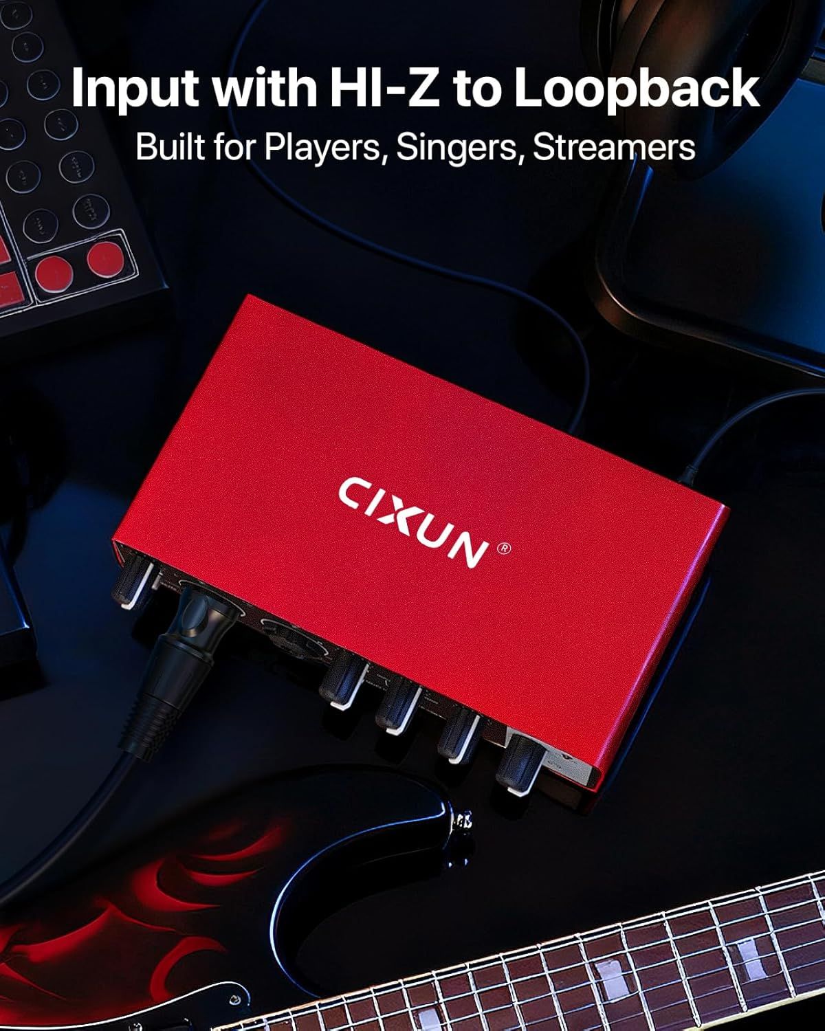 Communicates the product's HI-Z to loopback input capability, emphasizing its suitability for players, singers, and streamers who need high-quality audio…