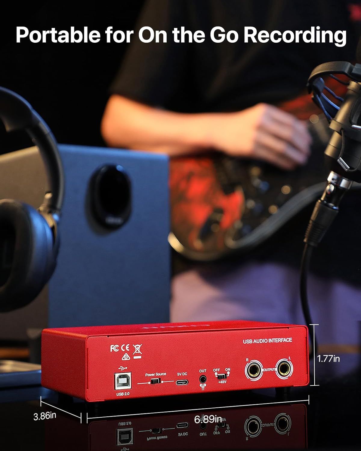 Communicates that the USB audio interface is compact and portable, making it ideal for on-the-go recording in various settings. Shows the exact physical…