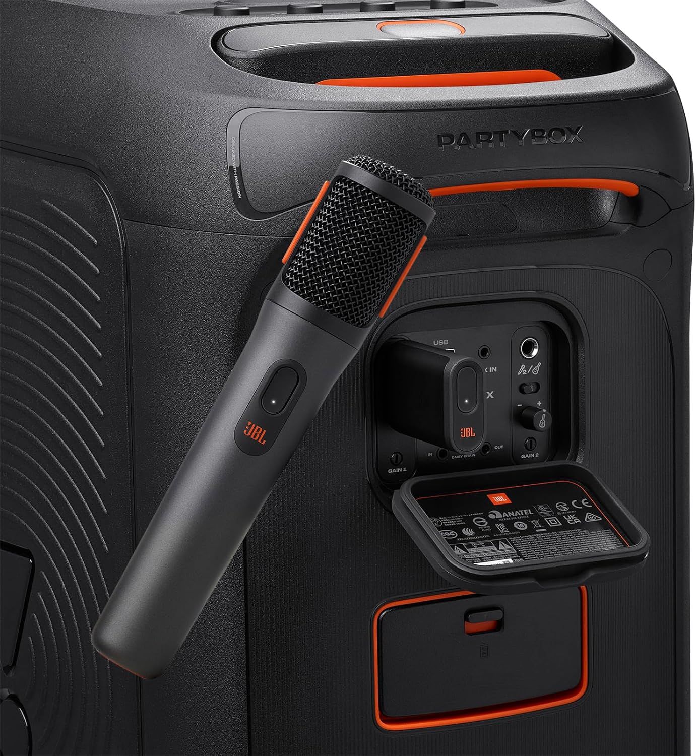 Shows the back panel design and storage features of the speaker system, highlighting where the microphone is stored and the various control ports and…