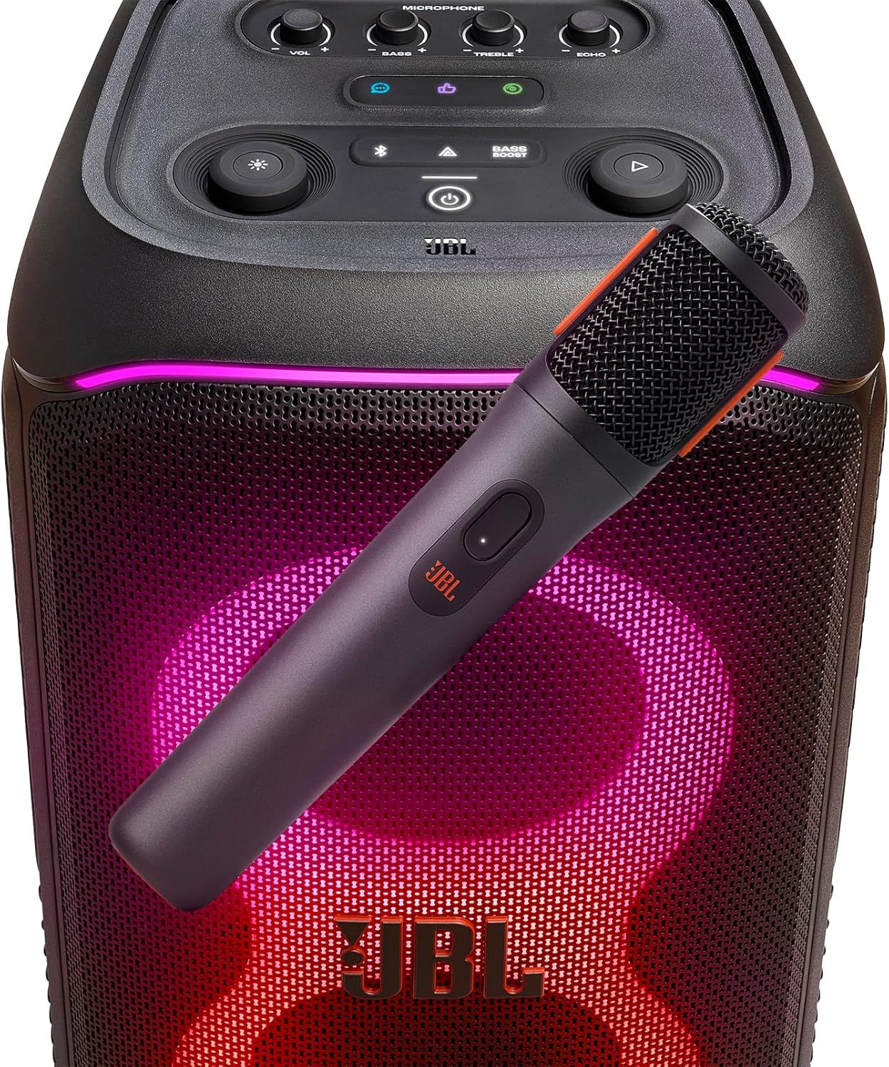 This image showcases the key functional components of the JBL speaker system, including the control panel with volume, bass, treble, and echo knobs, the…