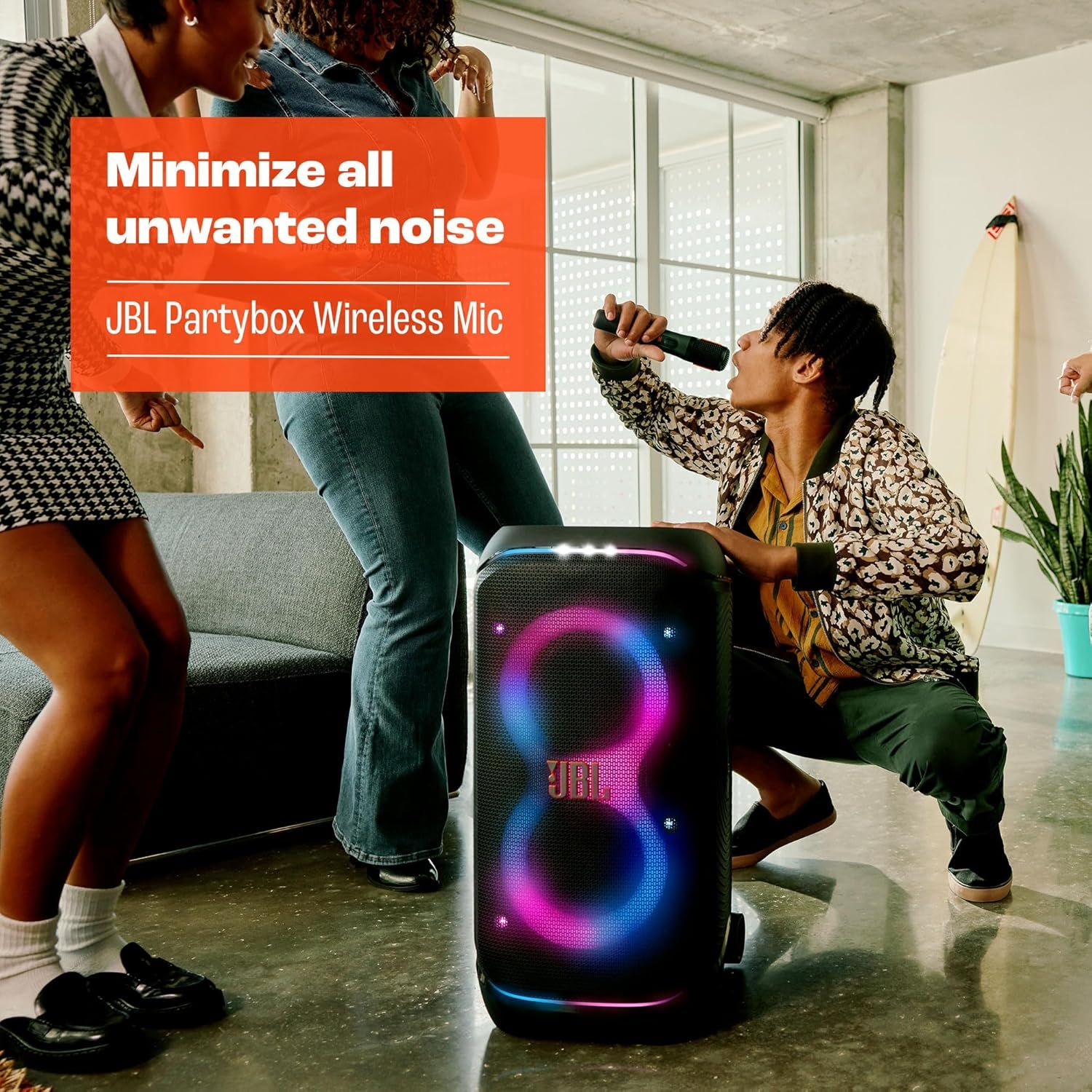 Communicates that the JBL Partybox Wireless Mic minimizes unwanted noise, reassuring shoppers that they can enjoy clear audio during parties and karaoke…