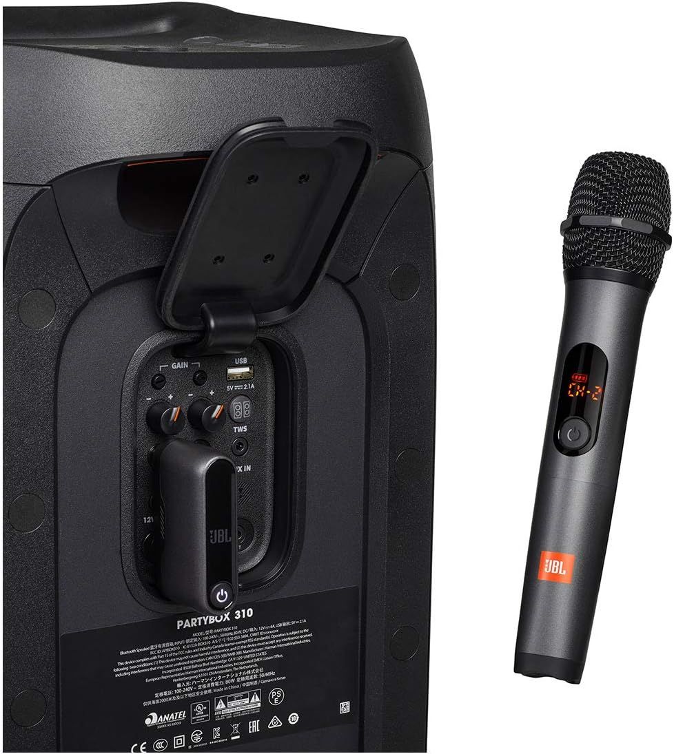 This image highlights the back panel of the speaker, showing the control interface, USB charging port, gain knobs, TWS connectivity, and microphone storage…
