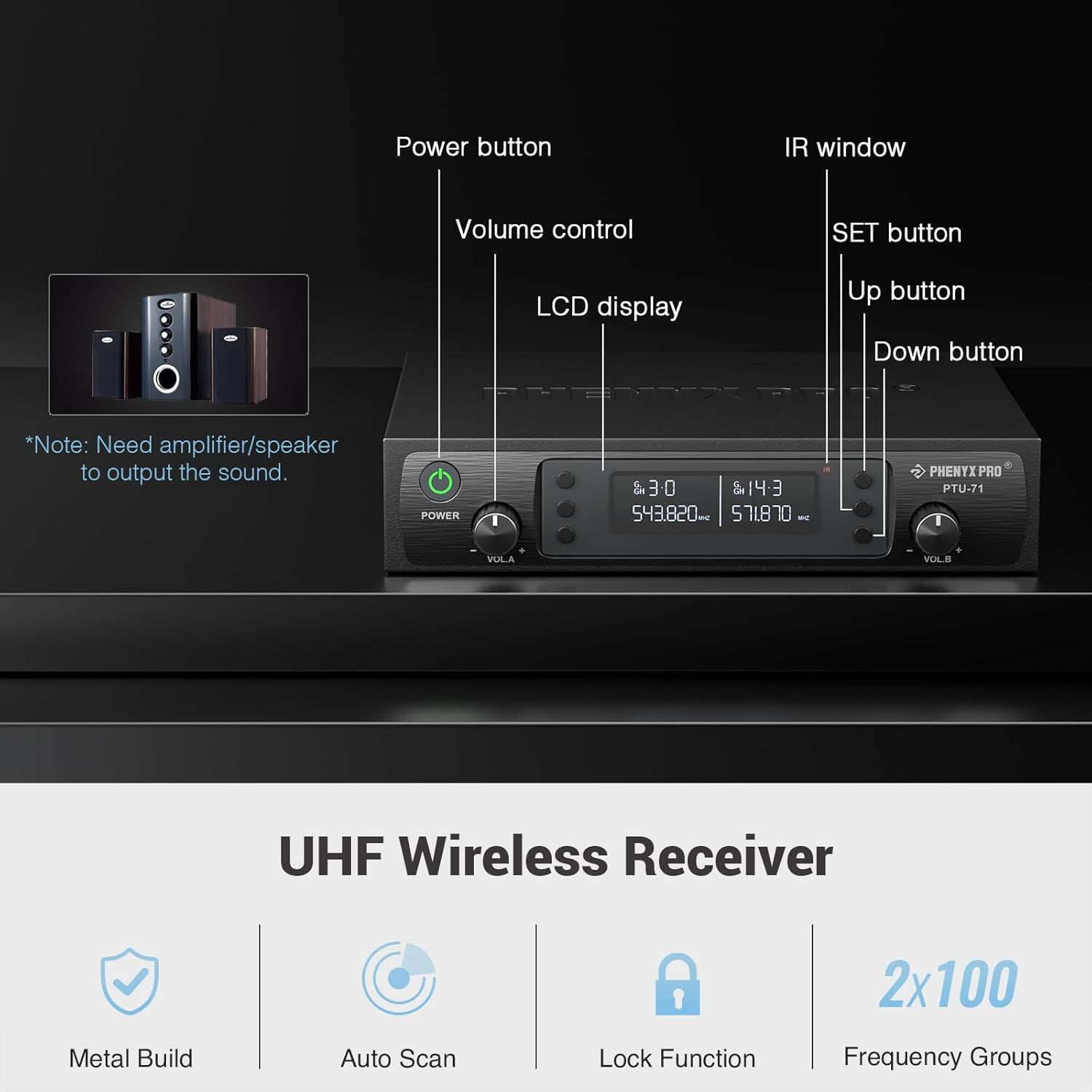 This image breaks down the UHF wireless receiver by labeling all key controls and features, helping shoppers understand how to operate the device and what…