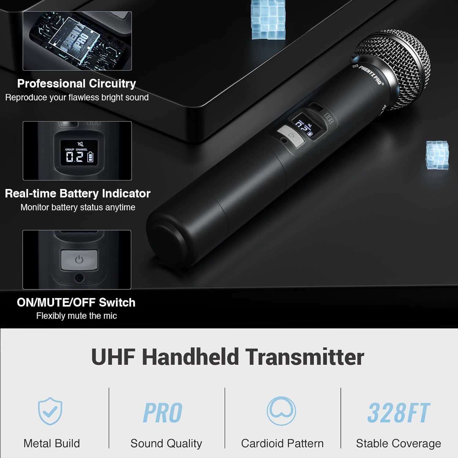 Showcases multiple key features of the wireless microphone including professional audio circuitry, battery monitoring, mute controls, and technical…