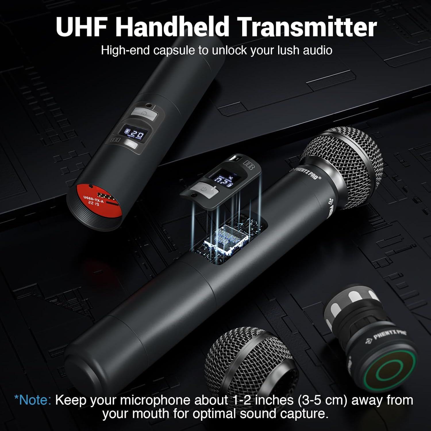 Highlights the premium audio quality of the UHF handheld transmitter by showcasing the high-end capsule technology and providing usage guidance for optimal…