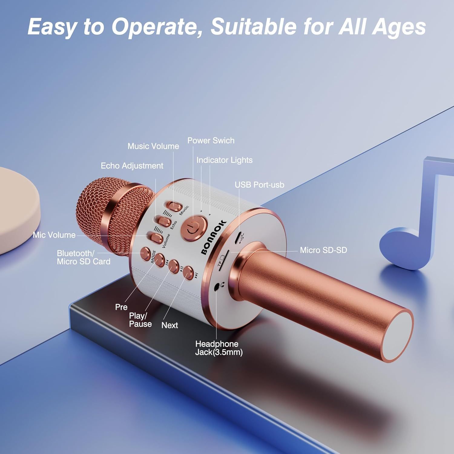 This image breaks down the karaoke microphone by labeling all functional components and controls, helping shoppers understand how to operate each feature and…