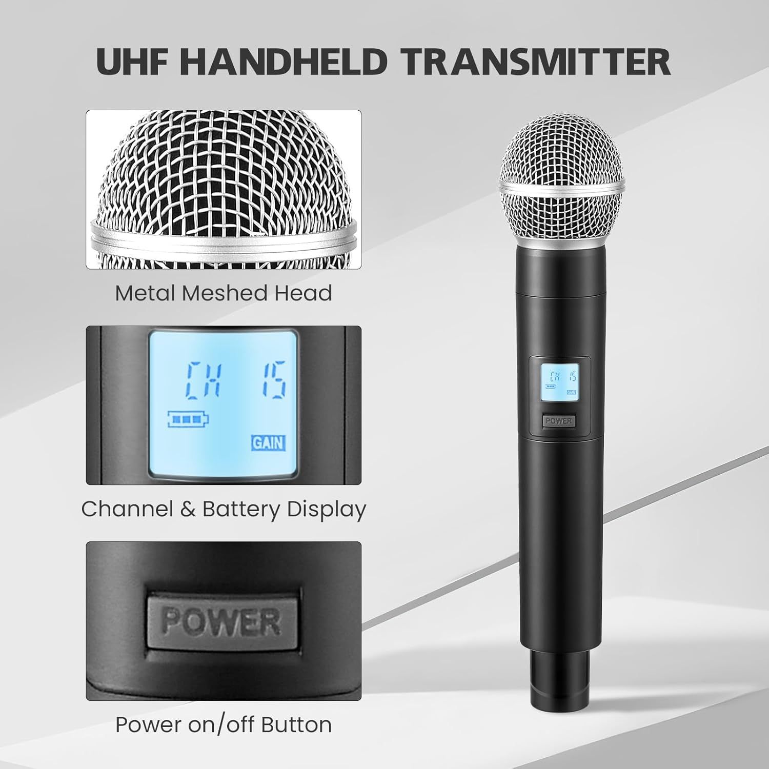 This image breaks down the UHF handheld transmitter by highlighting its key components including the metal meshed head, digital display showing channel and…