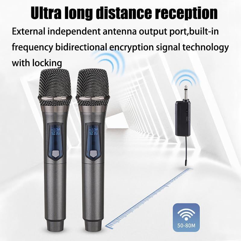 Communicates the wireless microphone system's ultra long distance reception capability (50-80M range) with external antenna technology and encryption signal…