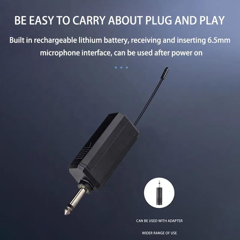 Communicates multiple convenience features including portability, built-in rechargeable battery, microphone compatibility, and adapter use to show the…